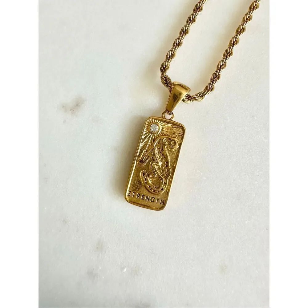 Strength gold color cheetah tag necklace